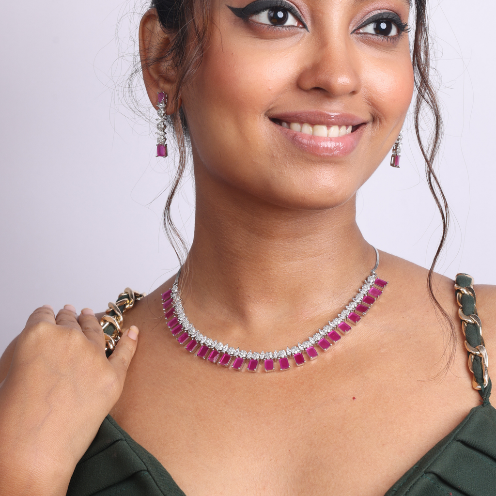 Ruby Square Ballet | Premium CZ Crystal Necklace Set