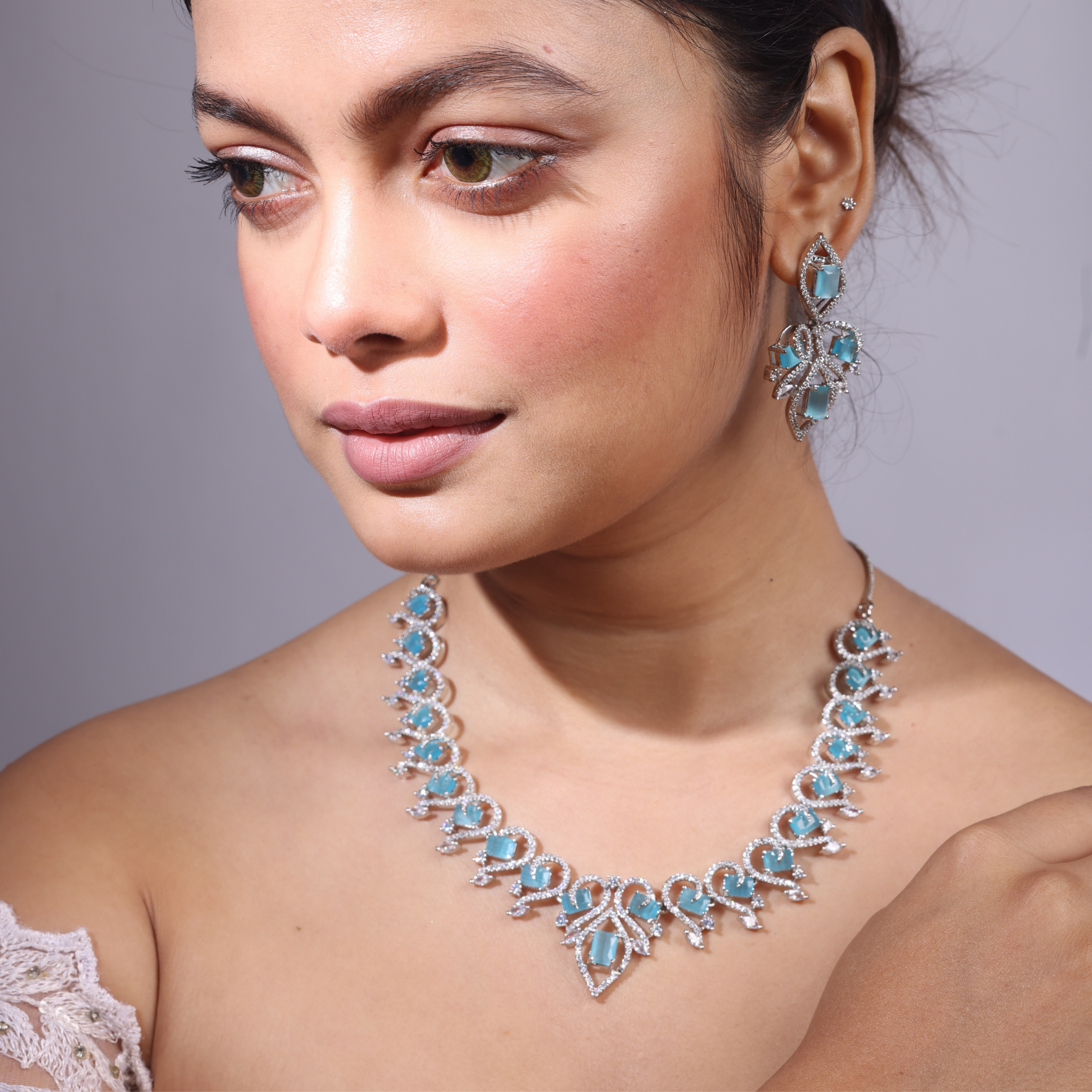 Aqua Crescent | Premium CZ Crystal Necklace Set