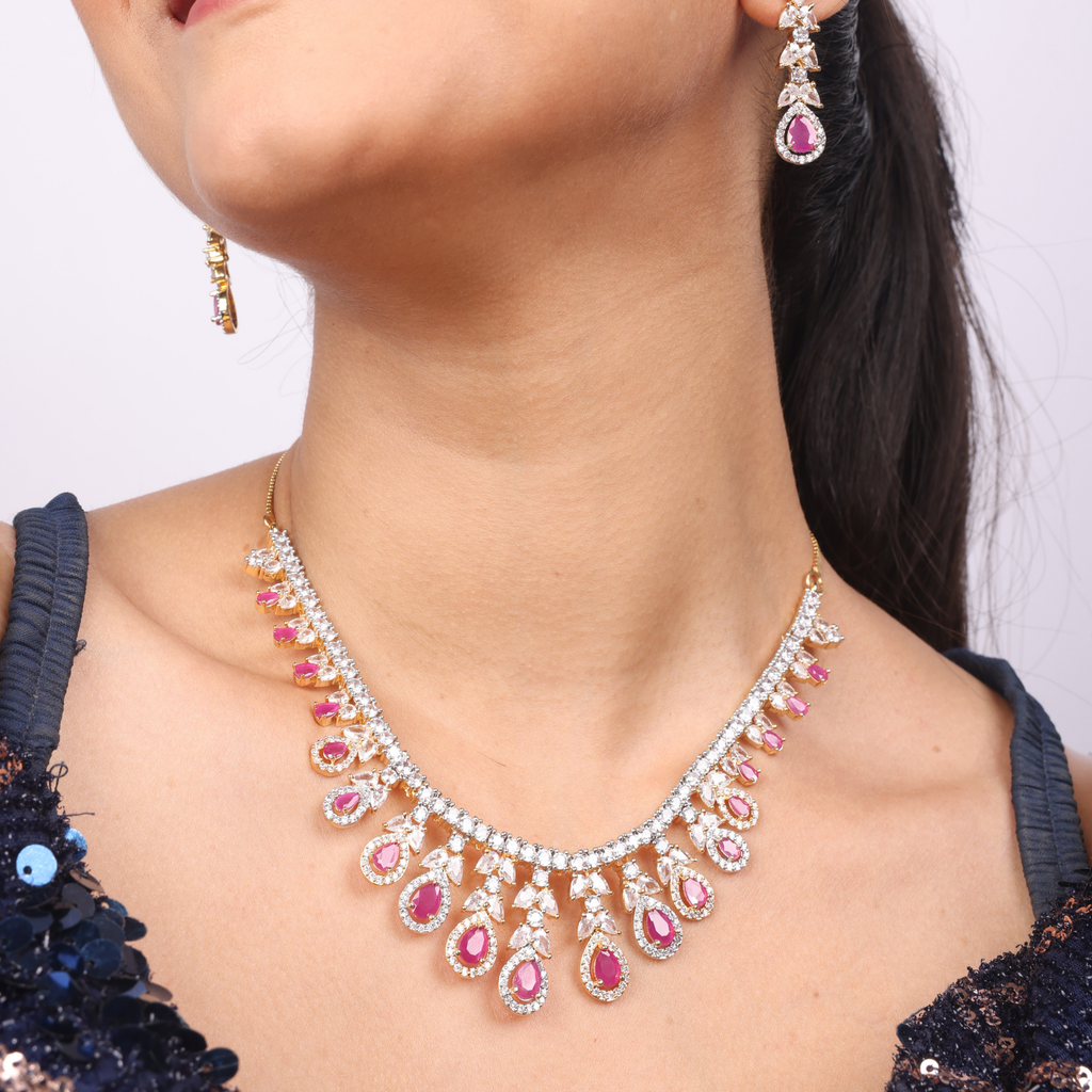 Austere Ruby Gold | Premium CZ Crystal Necklace Set