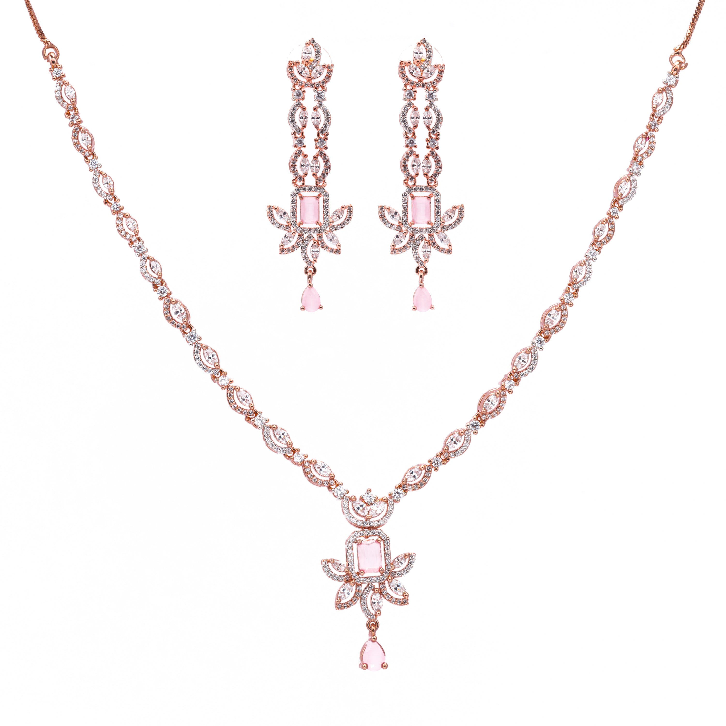 Blushing Pink Rose | Premium CZ Crystal Necklace Set