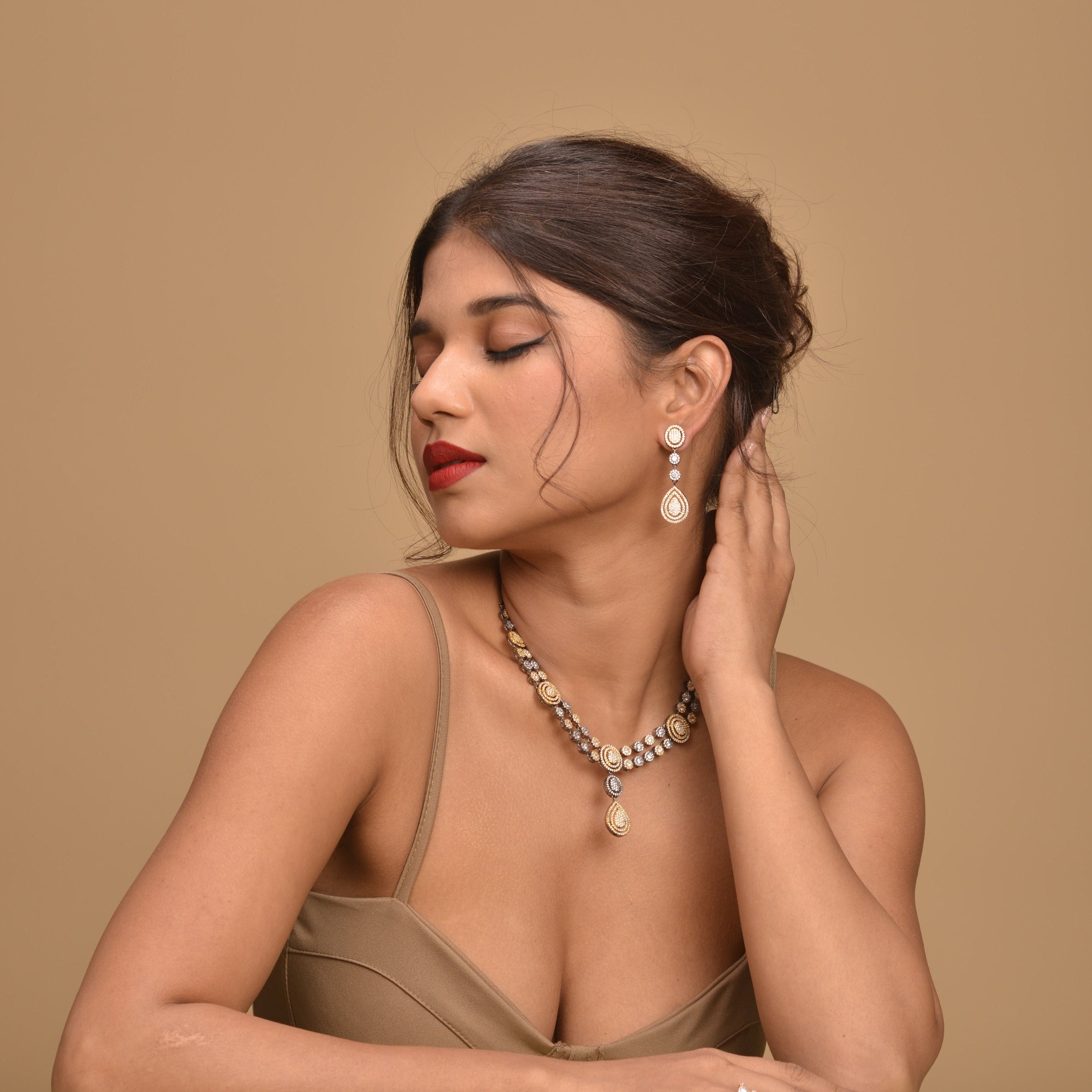 Mystique Black Gold Valor | Luxury CZ Crystal Necklace Set