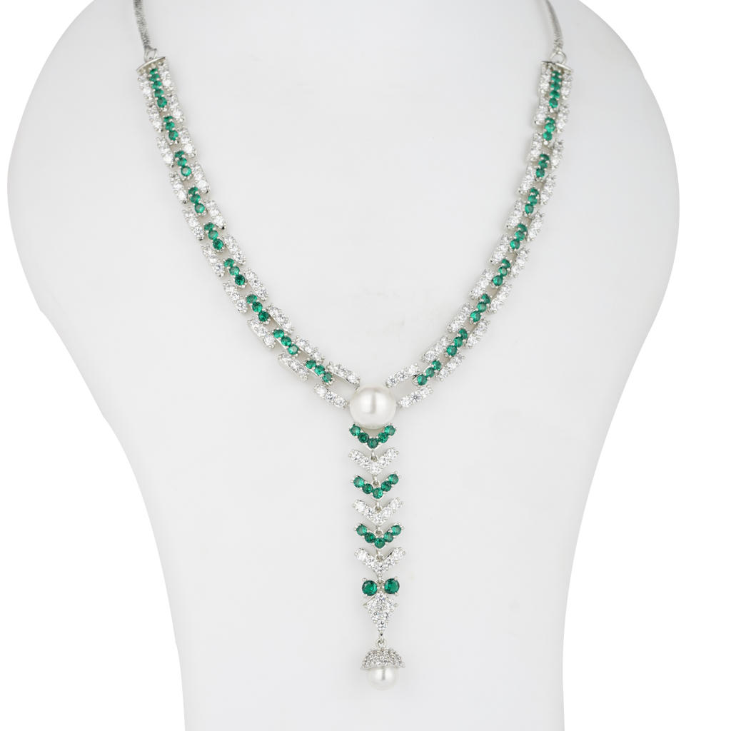 Silver Cascade | Signature CZ Crystal Pearl Necklace Set