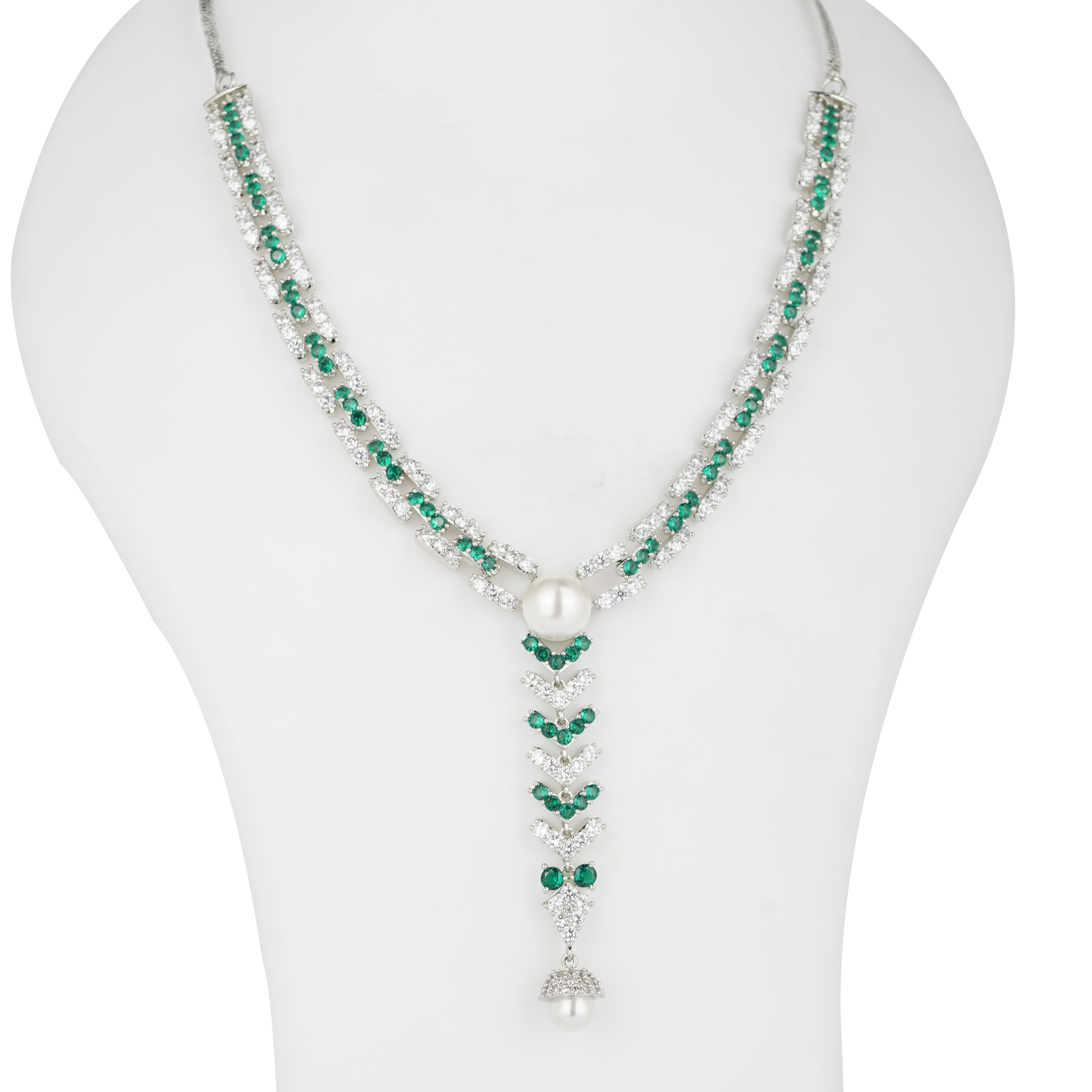 Silver Cascade | Signature CZ Crystal Pearl Necklace Set