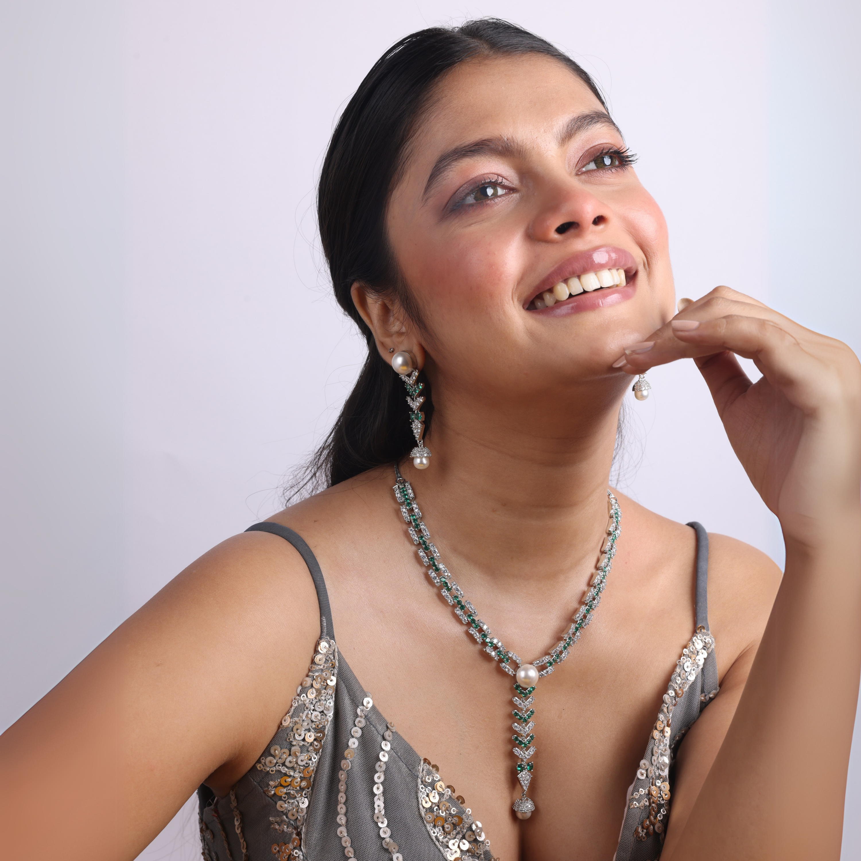 Silver Cascade | Signature CZ Crystal Pearl Necklace Set