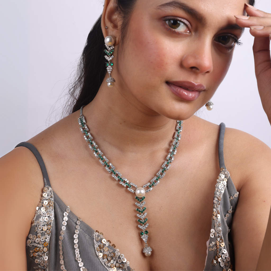 Silver Cascade | Signature CZ Crystal Pearl Necklace Set